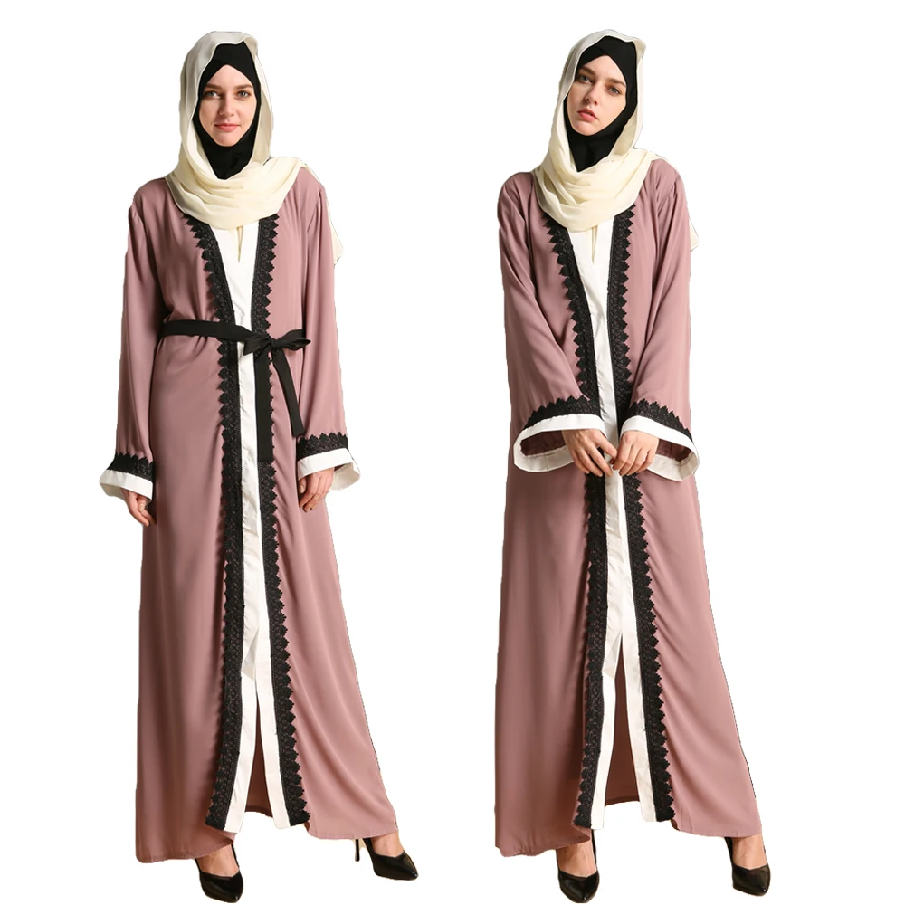 

Dubai Lady Vintage Arab Gown Clothing Open Front Cardigan Muslim Abaya Dress Amira Lace Jilbab Maxi Dress Belt Middle East Robe