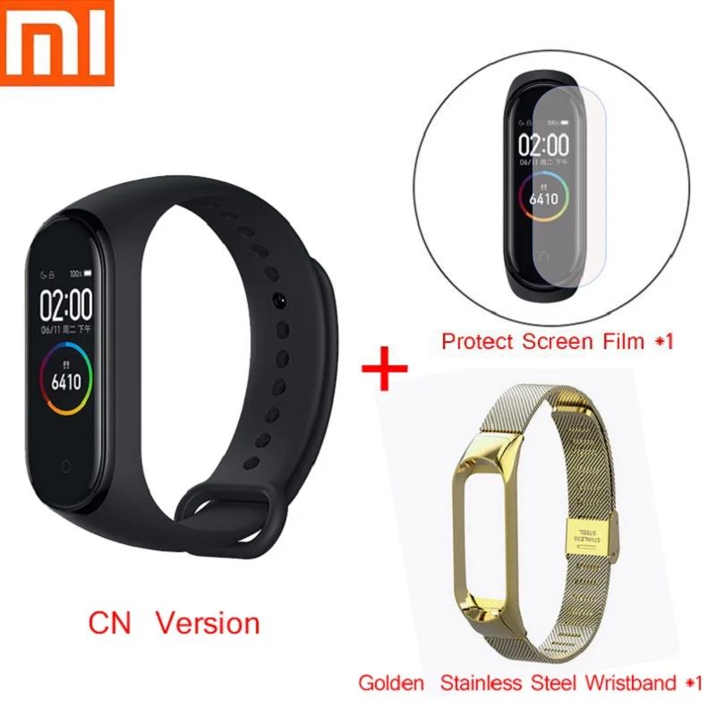 Глобальная версия Xiaomi mi Band 3 фитнес-браслет mi band 4 Smart Band 0,7" OLED сенсорный экран водонепроницаемый монитор сердечного ритма - Цвет: Mi4 Film Gold Steel