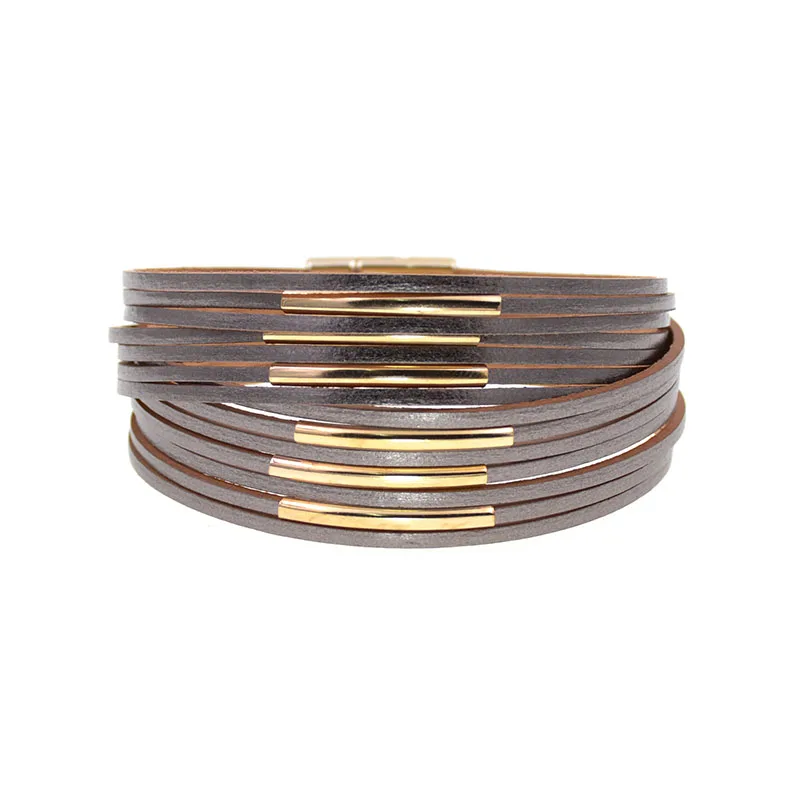 WELLMORE 10 Colors Fashion copper pipe charm Leather Bracelets For Women Men's wrap Bracelets Couples fashion Jewelry wholesale - Окраска металла: gray