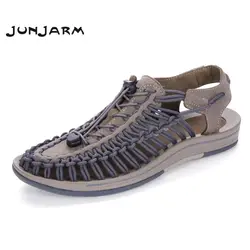 JUNJARM/мужские сандалии из замшевой кожи, летняя пляжная обувь, модные мужские пляжные сандалии, высокое качество, вязаная обувь для воды