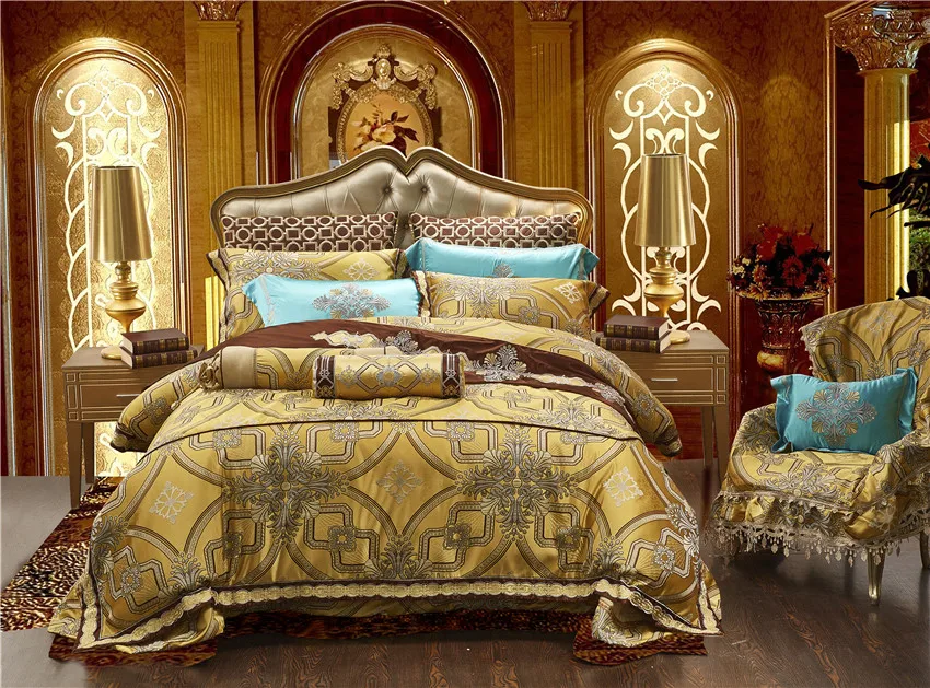 Waliicorners 10Pcs Luxury Satin Royal Bedding set Golden color Queen King size Duvet Bed cover Bed/Flat sheet Bed spread set Pillowcase 9 _51A76351