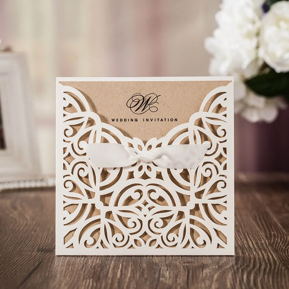 

50pcs/lot Ivory Laser Cut Wedding Invitations Cards With Bowknot Ribbon for Marriage Birthday Party,Customizable CW6179W