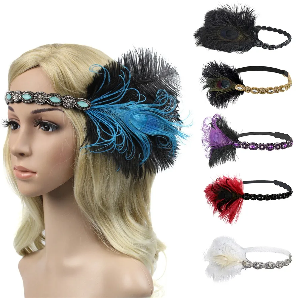 

1920s Headpiece Feather Flapper Headband Great Gatsby Headdress Vintage #T08
