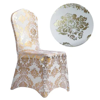 

Gold colour print chair cover pattern lycra chair cover for wedding party decoration cheap price spandex fit all chairs 40