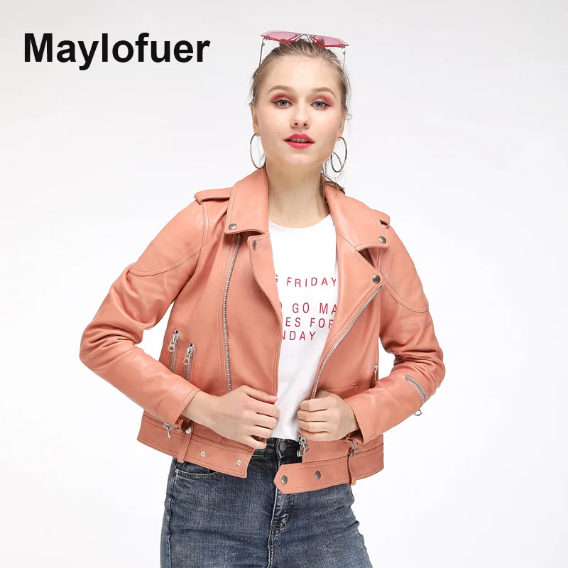Maylofuer2019 Fashion Women Spring Autumn Pink Genuine Leather Jackets Zipper Basic Coat Turn-down Collar Biker Jacket With Blet