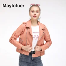 Maylofuer2019 Fashion Women Spring Autumn Pink Genuine Leather Jackets Zipper Basic Coat Turn-down Collar Biker Jacket With Blet