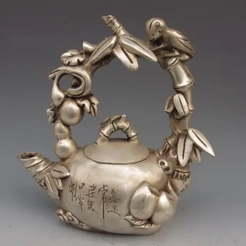 

xd 001701 Chinese Silver Bronze Handmade Carved Bamboo Teapots & Lid w Qing Dynasty Mark