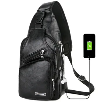 

USB Charging Men Chest Bag Fashion School Black Messenger Leather Zipper Shoulder Bags 2019 New Travel School for men male black