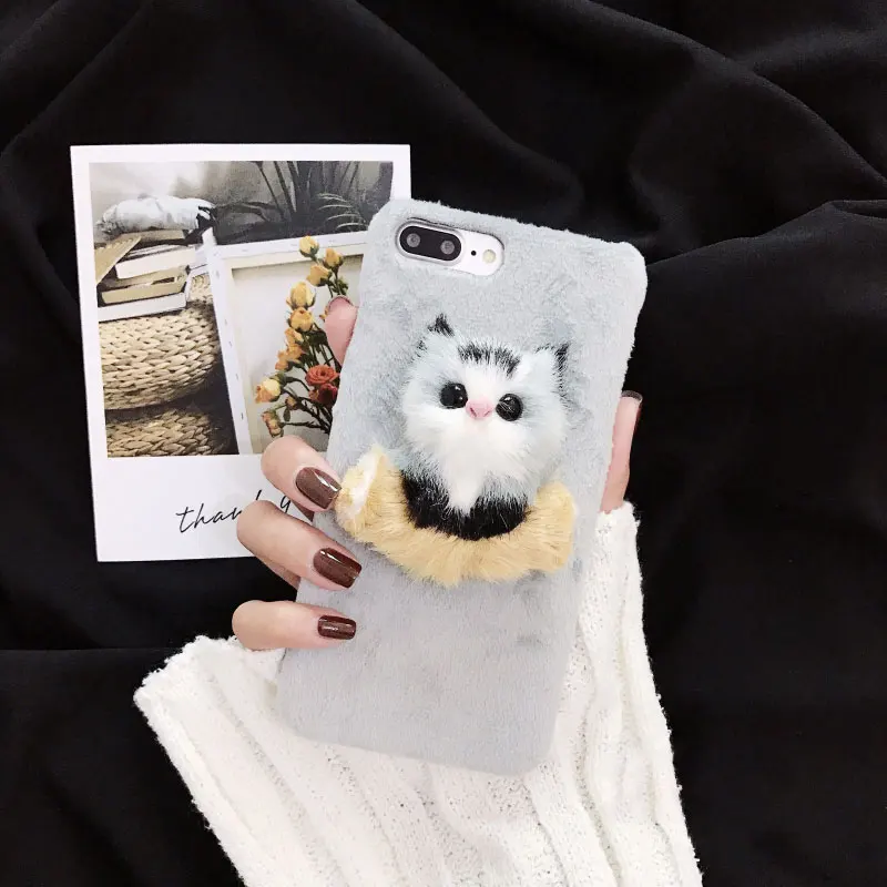 

For iPhone X Case Warm Plush Cat Fluffy 3D Cartoon Cases For iPhone 6 6s 7 8 Plus X XS Case Cute Lovely Kitten Soft Phone Cover