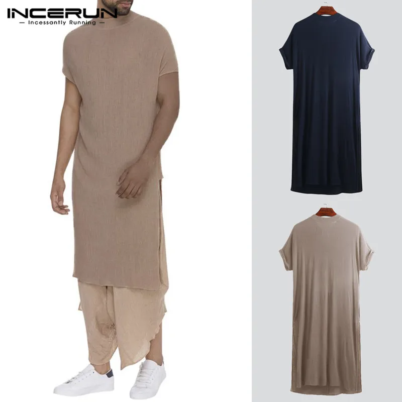 

INCERUN Stylish Long T Shirt Men Solid Split Hem Pullovers Casual Short Sleeve T-shirts Comfy Men Indian Clothes Kurta Suit 2019