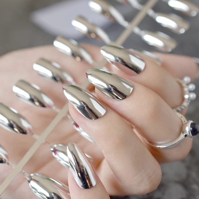 Mirror Silver False Nails Stiletto Point Metallic Acrylic Nail Tips Mirror Silver False Nails Stiletto Point Metallic Acrylic Nail Tips 24pcs Kit Easy For Daily