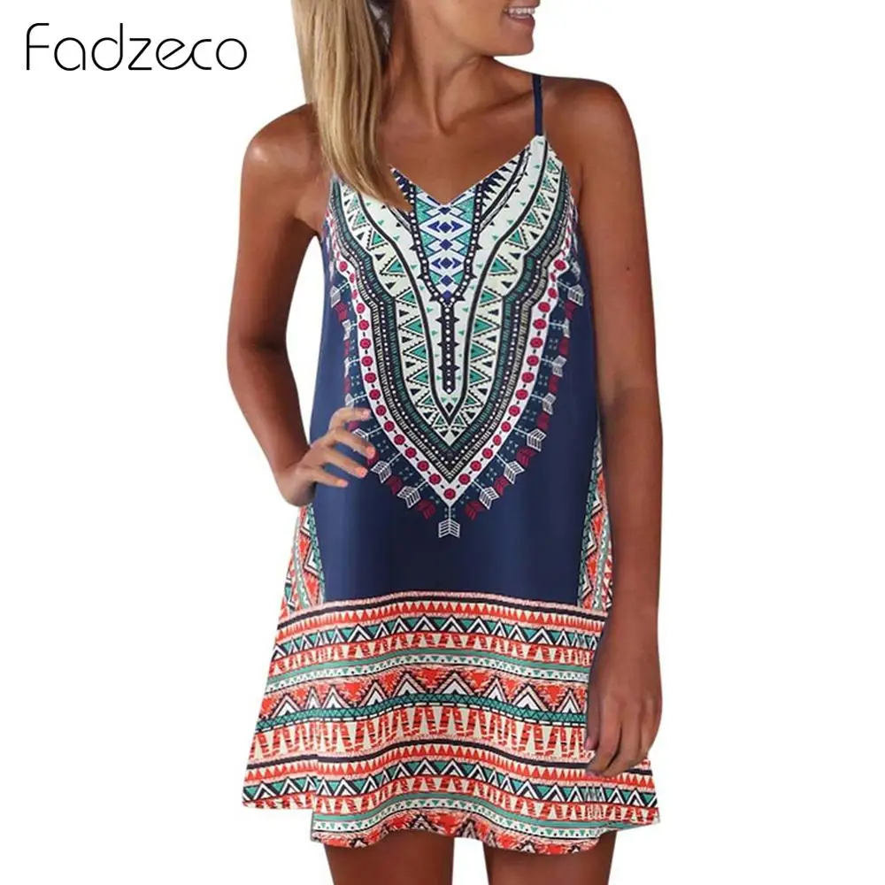 

Fadzeco African Dresses for Women Dashiki Spaghetti Strap Backless Summer Tribal Print Mini Dress Vintage Ethnic Slip Dress