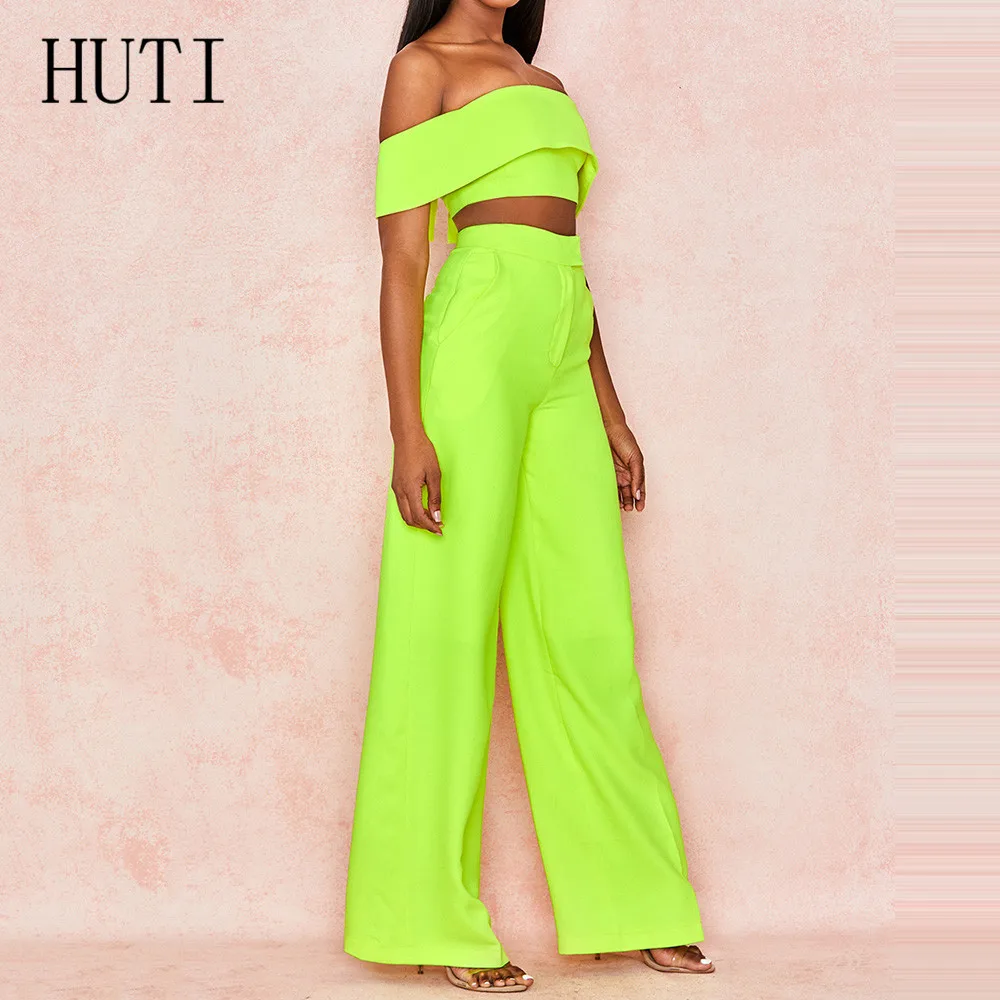 HUTI Off Shoulder Crop Top + Wide Leg Pants Trousers Women Elegant High Street Style Jumpsuits Summer Casual Combinaison Femme HUTI Off Shoulder Crop Top + Wide Leg Pants Trousers Women Elegant High Street Style Jumpsuits Summer Casual Combinaison Femme