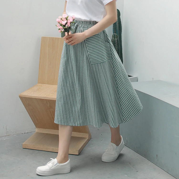 leather skirt Spring Summer Women Vertical stripes Skirts Casual Loose Cotton Linen Female With Pockets Vintage Elastic waist lacing Skirts tennis skirt outfits