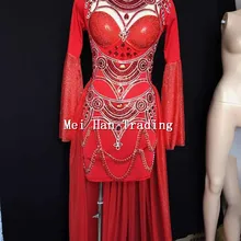 Новое красное блестящее платье костюмы с длинным рукавом платья со стразами вечерние яркие танцевальные костюмы для ночного клуба