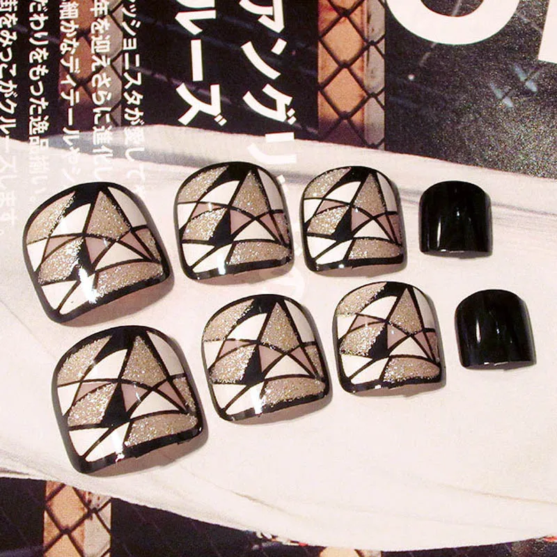 

Women 24 Pcs/set Simple DIY Foot False Nail Tips Girls Glitter Geometry Printing Fake Nail Stickers Tips With Glue Toe Art Tool