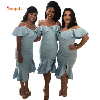 

Knee Length Short Bridesmaid Dresses Spaghetti Straps Blue Satin Ruffles Shoulder Wedding Guest Dresses vestido de festa D384