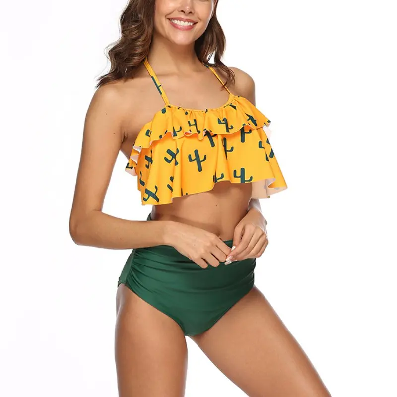 

Halter Ruffles Swimsuit Retro Flounce High Waist Bikini Suits Wireless Padded Backless Tops Halter Bathing Suits 2 PCS Sets