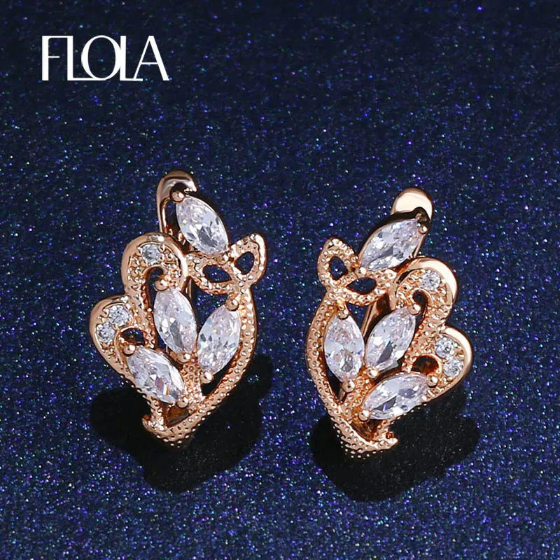 

FLOLA Fashion 2019 Gold 585 Leaves Earrings with Stones White Zircon Rose Gold Stud Earrings unusual Korean style ersj51