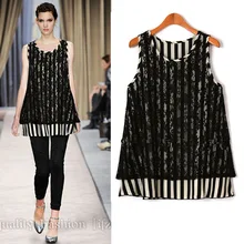 L-5XL, большие размеры, кружевные майки, имитация двух частей, лето, новые полосатые эластичные майки, Элегантные повседневные женские топы, очень большие