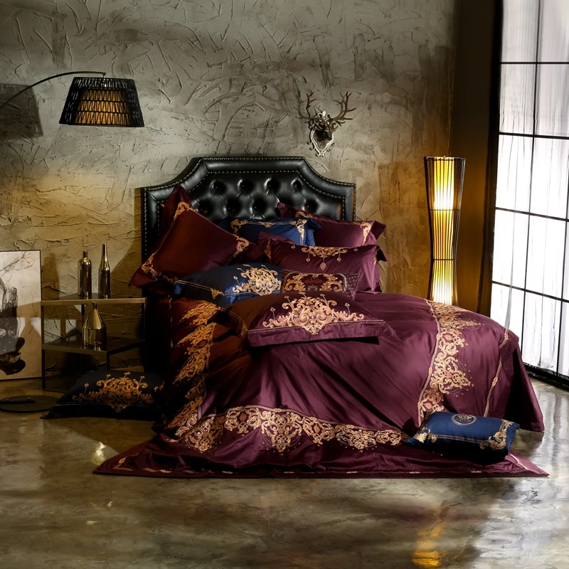 

wine red Luxury 100S Egyptian Cotton Royal Embroidery Bedding Set King Queen Size Duvet Cover Bed Linen Bed Sheet Pillowcases