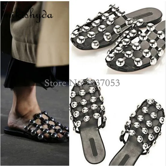 Summer New Women Black Cut-Outs Slide Flat Amelia Studded Leather Caged Slipper Runway Slingback Shoe Sandals Slip On 42 Casua