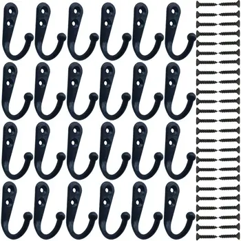 

24 Pieces Coat Hooks Wall Mounted Robe Hook Single Coat Hanger No Scratch and 50 Pieces Screws Black