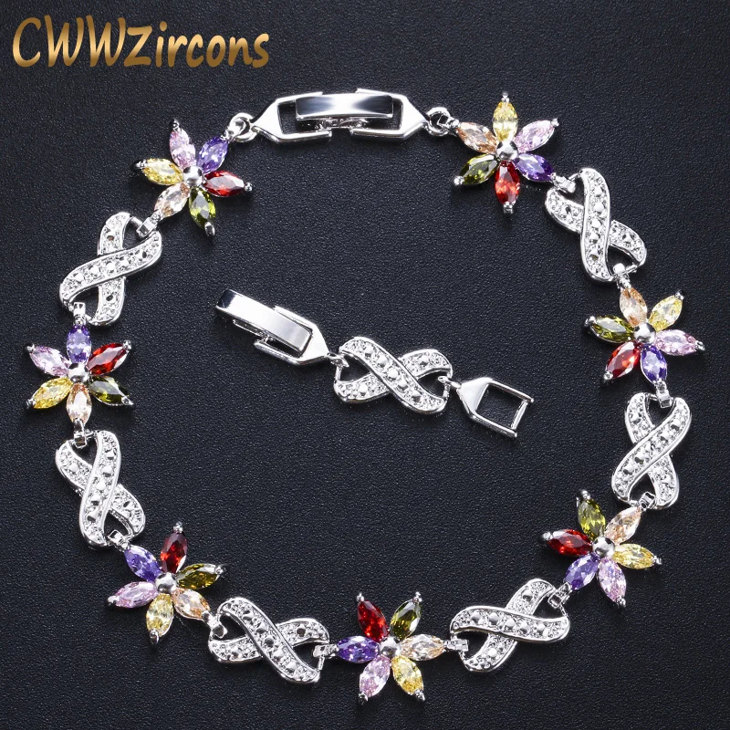 

CWWZircons Fashion Brand Jewelry Silver Color Red Blue Green Cubic Zirconia Crystal Flower Charm Bracelets for Women CB005