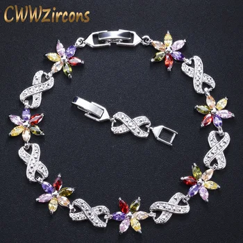 

CWWZircons Fashion Brand Jewelry Silver Color Red Blue Green Cubic Zirconia Crystal Flower Charm Bracelets for Women CB005