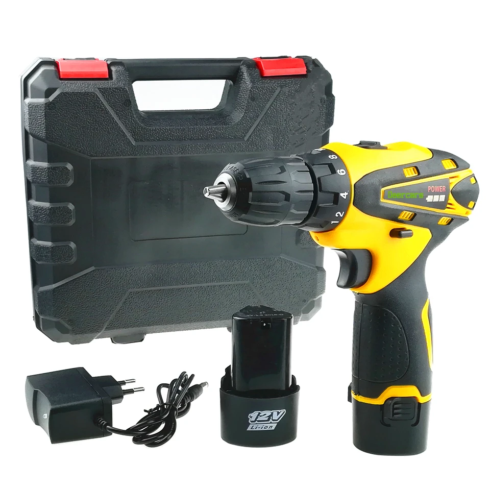 

12 Volts Cordless Screwdriver Rechargeable Drill Household Mini Electric Drill Two Lithium Battery Power Tools Plastic Case