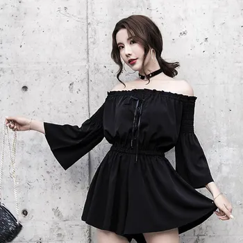 

Gothic Slash Neck Chiffon Romper Women Solid Elastic Waist Wide Leg Jumpsuits Sexy Flare Sleeve Loose Overall