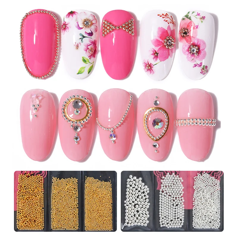 

0.8/1.0/1.5mm Nail Beads 3D Metal Nail Art Decoration Studs Mixed Sized Silver Gold Stainless Steel Ball Designs Tips