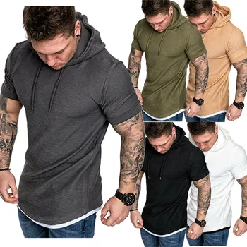 

Fashion Casual Men's Slim Fit Solid Hooded Hoodie Short Sleeve T-Shirt Bodybuilding Tops Pullover Clothes For Adults