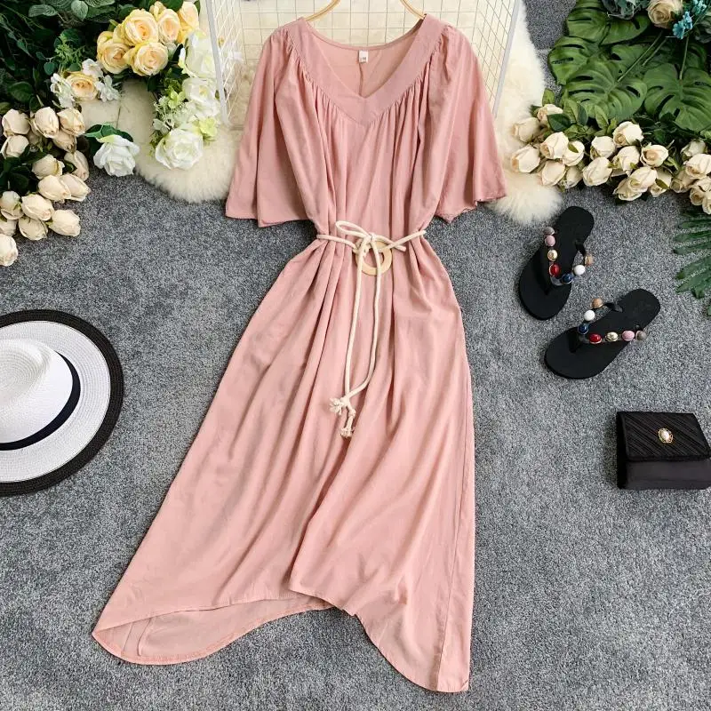 

New Loose Asymmetrical V Neck Summer Midi Long Dress Party Women Casual A-Line Tie High Waist Beach Holiday Irregular Vestidos