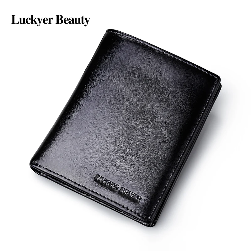 

LUCKYER BEAUTY Men Wallets 100% Genuine Leather Men's Coin Purse Fashion Small Portfolio Cowhide Short Wallet Card Holder Male