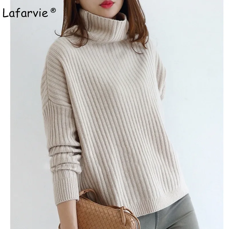 Lafarvie 2018Autumn Winter Women Sweaters And Pullover Turtleneck Loose Thick Knitting Cashmere Sweater Female Warm High Quality