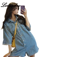 Longqibao women's Korean version of the summer casual retro denim jumpsuit female high waist was thin thick edge wide leggings