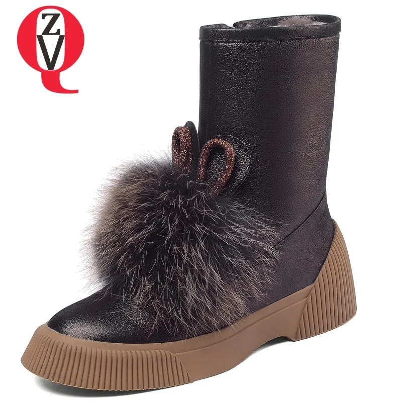 

ZVQ women shoes 2018 new concise casual flat with round toe zipper high quality genuine leather winter plush warm snow boots