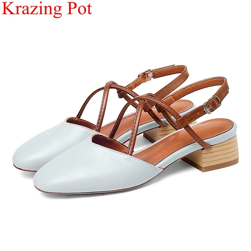 

2018 fashion genuine leather round toe med heels women sandals buckle strap elegant shallow summer concise party casual shoe L16