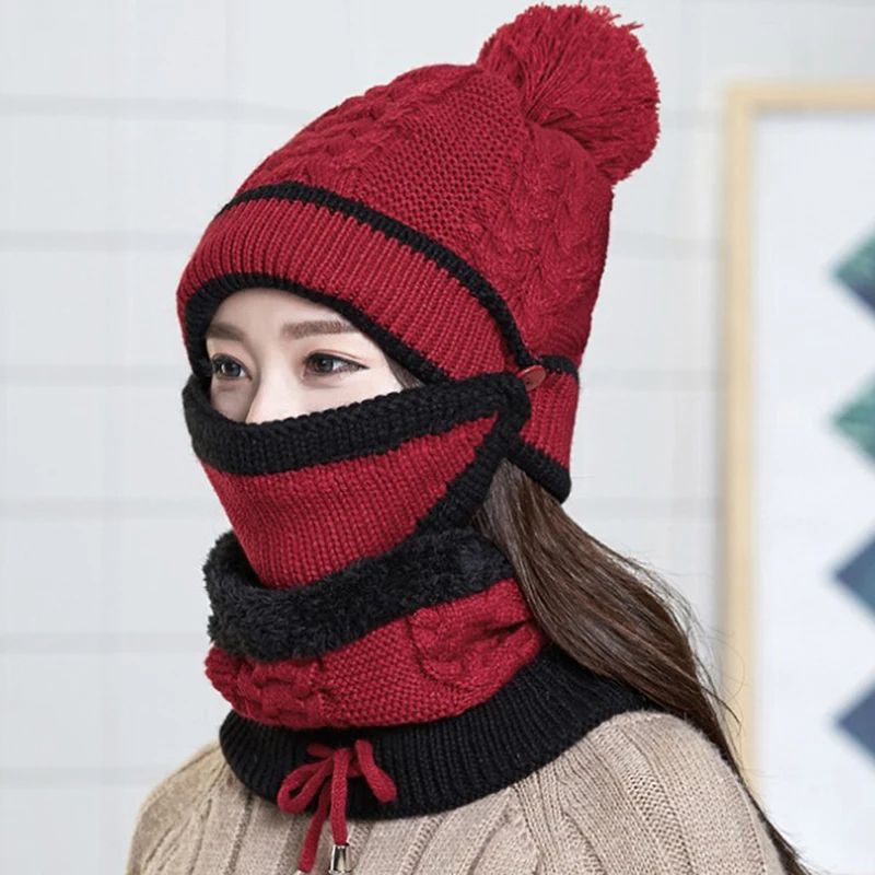 Women Winter Beanies Knitted Thickened Hat With Warm Mask And Neck ...