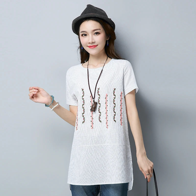 2019 Summer Floral Embroidered Cotton Linen Womens Tops