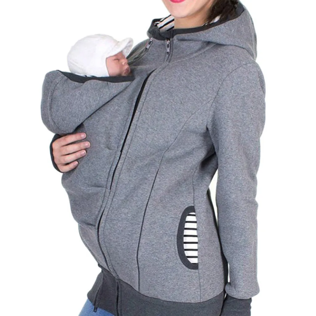 Одежда для беременных размера плюс, женская одежда для беременных, полосатая Детская сумка-переноска, толстовка кенгуру на молнии, пальто для беременных, грудное вскармливание# Y1 - Цвет: Серый