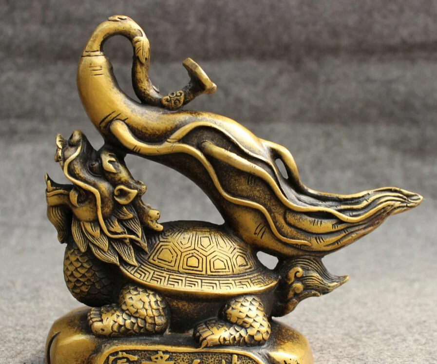 

S4553 Chinese Bronze FengShui Wealth RuYi Panax On Dragon Turtle Statue Sculpture D0317