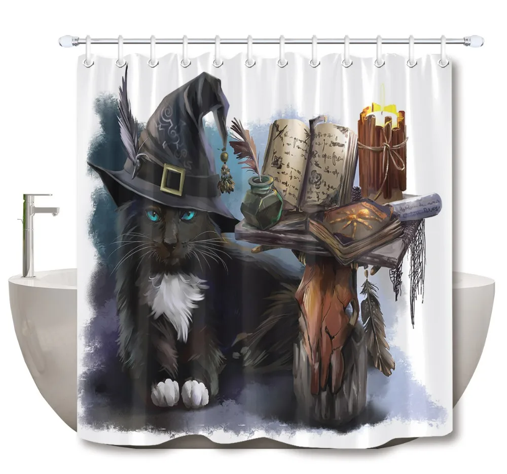 72'' Magical Black Cat Watercolor Painting Halloween Bathroom