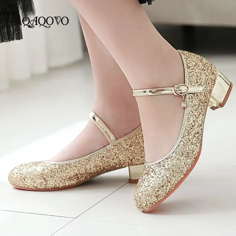 

2019 Spring Autumn Women Shoes Sequined Mary Jane Pumps Low Heels Party Shoes Female Gold Silver