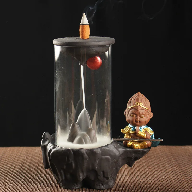 T Monkey King Glass Cover Incense Burner Smoking Backflow Cone Censer
