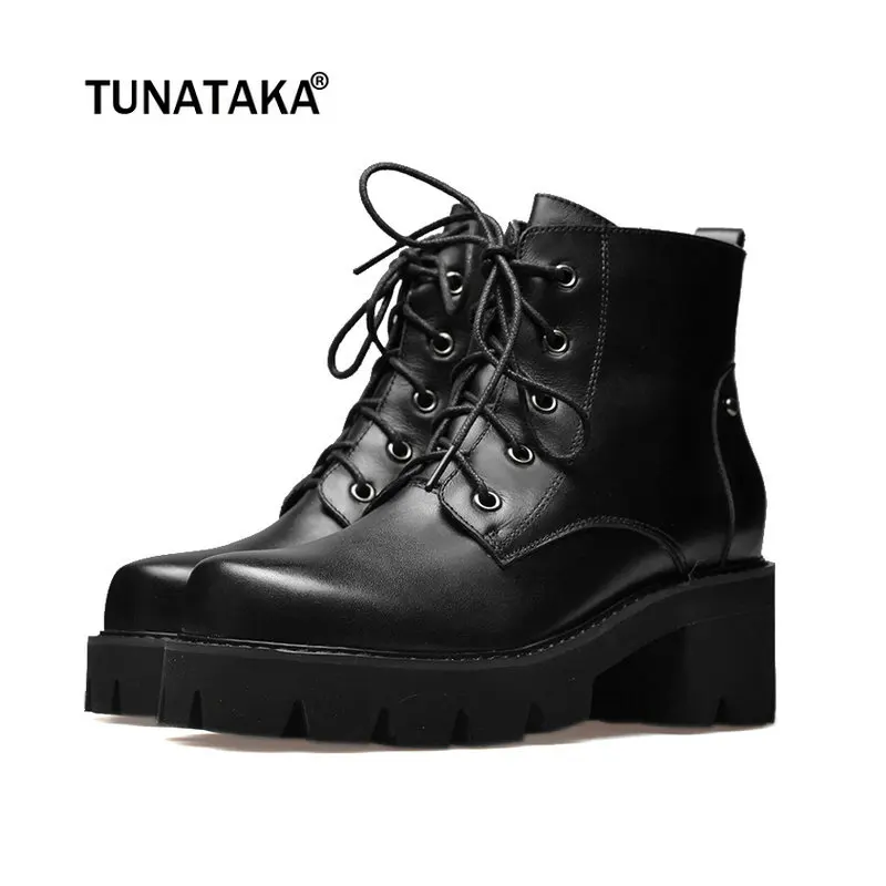 

Cow Leather Platform Thick High Heel Ankle Boots Side Zipper Lace Up Winter Combat Boots Fashion Woman Boots