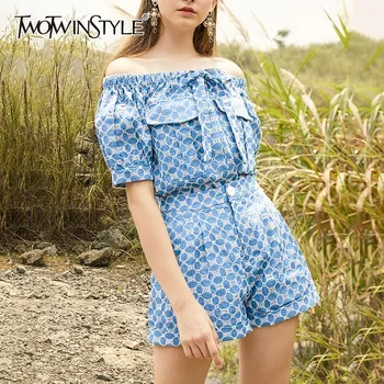

TWOTWINSTYLE Korean Women Set Bow Slash Neck Off Shoulder Short Sleeve Top Embroidery Shorts Sets Female Fashion New Summer 2020