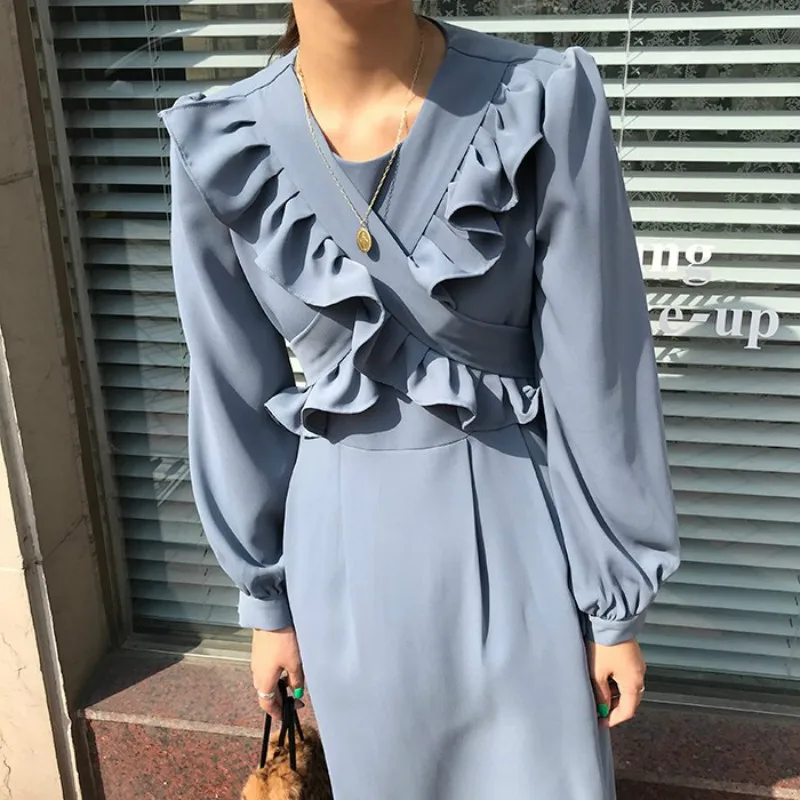 

Long Ruffle Dress Women summer A-line Casual Maxi Vestidos Elegant Cross Bandage Plus Size Robe Femme Sundress Sukienki