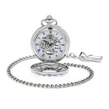 Skeleton Hollow Case Roman Number White Dial Hand Wind Mechanical Mens Pocket Watch W/Chain Antique Vintage Steampunk Watch